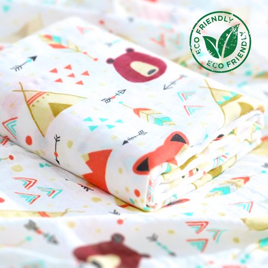 BoefieBoef XL Hydrofiele Doek 120x110cm - Zachte Bamboe Swaddle, Inbakerdoek, Mousseline Doek voor Baby's en Newborns 0 tot 12 maanden - Indianen Dieren - Dubbellaags, Ademend en Absorberend - Kerst en KraamCadeau - - Duurzaam - Babydeken - Vos van BoefieBoef