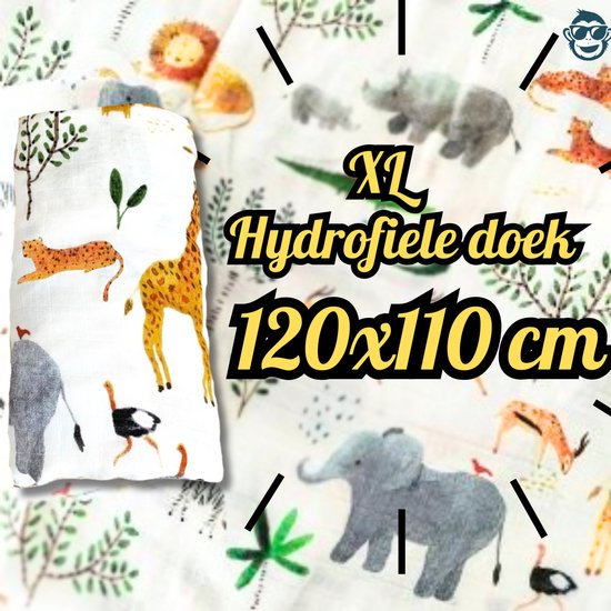 BoefieBoef XL Hydrofiele Doek 120x110cm - Zachte Bamboe Swaddle, Inbakerdoek, Mousseline Doek voor Baby's en Newborns 0 tot 12 maanden - Jungle Dieren Wit - Dubbellaags, Ademend en Absorberend - Kerst en KraamCadeau - - Duurzaam - Babydeken - Geel van Merkloos