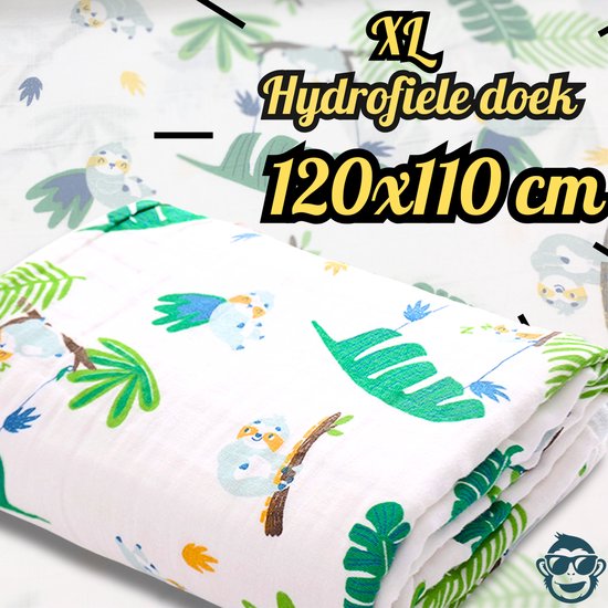 BoefieBoef XL Hydrofiele Doek 120x110cm - Zachte Bamboe Swaddle, Inbakerdoek, Mousseline Doek voor Baby's en Newborns 0 tot 12 maanden - Jungle Luiaard - Dubbellaags, Ademend en Absorberend - Kerst en KraamCadeau - Duurzaam - Babydeken - Plant Groen