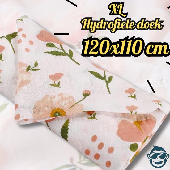BoefieBoef XL Hydrofiele Doek 120x110cm - Zachte Bamboe Swaddle, Inbakerdoek, Mousseline Doek voor Baby's en Newborns 0 tot 12 maanden - Lila Roos - Dubbellaags, Ademend en Absorberend - Kerst en KraamCadeau - - Duurzaam - Babydeken - Bloem Roze Wit van Merkloos
