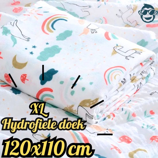 BoefieBoef XL Hydrofiele Doek 120x110cm - Zachte Bamboe Swaddle, Inbakerdoek, Mousseline Doek voor Baby's en Newborns 0 tot 12 maanden - Regenboog Eenhoorn - Dubbellaags, Ademend en Absorberend - Kerst en KraamCadeau - - Duurzaam - Babydeken - Wit