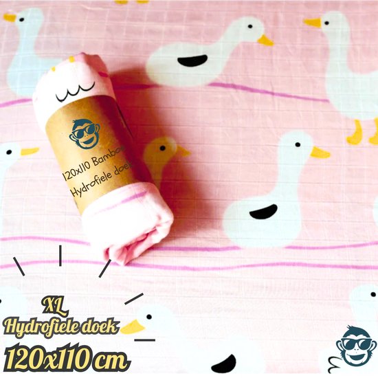 BoefieBoef XL Hydrofiele Doek 120x110cm - Zachte Bamboe Swaddle, Inbakerdoek, Mousseline Doek voor Baby's en Newborns 0 tot 12 maanden - Roze Gans - Dubbellaags, Ademend en Absorberend - Kerst en KraamCadeau - - Duurzaam - Babydeken - Wit Eend Vogel