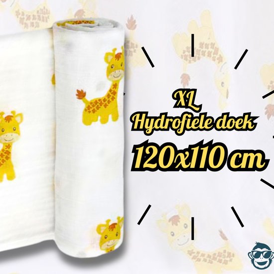 BoefieBoef XL Hydrofiele Doek 120x110cm - Zachte Bamboe Swaddle, Inbakerdoek, Mousseline Doek voor Baby's en Newborns 0 tot 12 maanden - Sophie Giraffe - Dubbellaags, Ademend en Absorberend - Kerst en KraamCadeau - - Duurzaam - Babydeken - Wit Geel van Merkloos