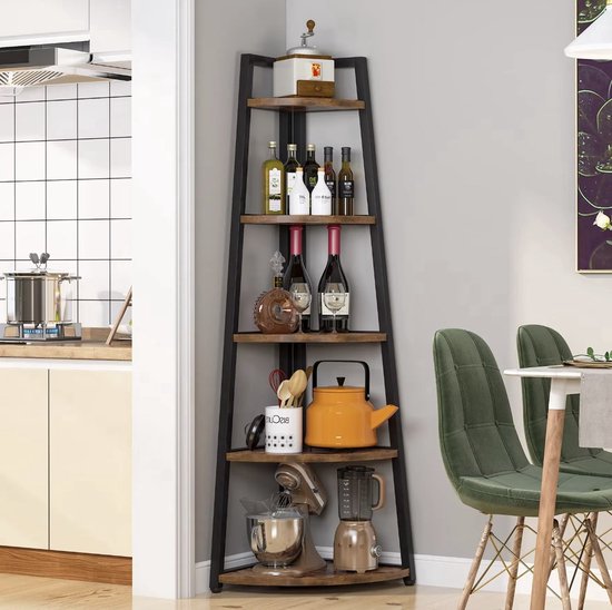 Boekenkast - Hoekkast - Kast met planken - Kwart cirkel - 5 planken - Industrieel - Hout en metaal - Bruin/Zwart van Lifa Living