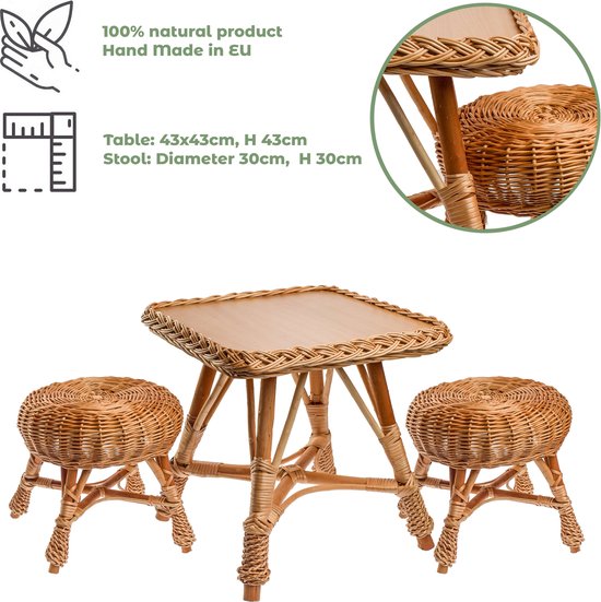 BOGATECO Ecologische kindermeubelset van riet: tafel en 2 krukken, robuust en veilig, ideaal voor huis en tuin van BOGATECO