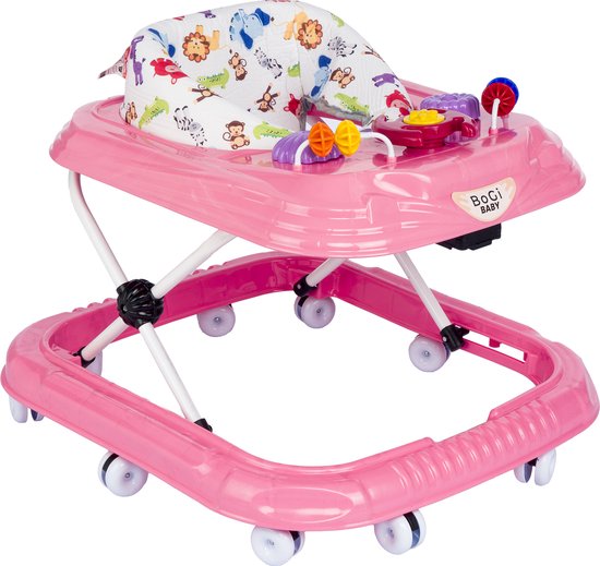 Bogi baby walker - Luxe loopstoel - Verstelbaar in 3 standen - Zitje extra hoog extra veilig - Met 3 speelfuncties - 10 wielen - Roze van Merkloos