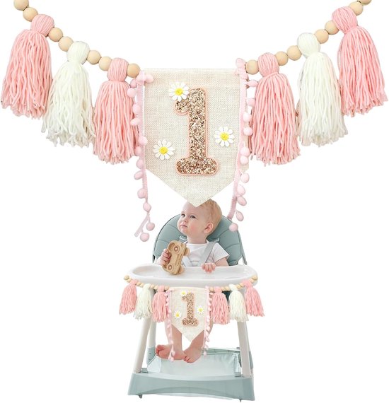 Boho 1e Verjaardag Kinderstoel Banner Feestdecoratie voor Meisjes - Baby Douche Muurhanger Decoratie voor Kinderkamer - Madeliefjespatroon Roze Wit van Merkloos
