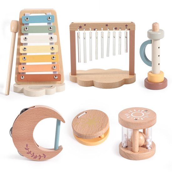 Boho Houten Muziekinstrumenten Set - 6-delig - Wolken & Sterren Thema - Montessori Muziekspeelgoed - Baby 1 Jaar & Peuter - Neutraal Cadeau - Beige van Merkloos