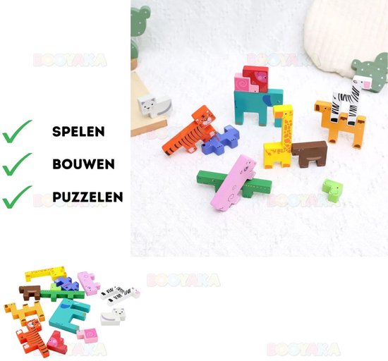 Booyaka® Puzzelen, bouwen en spelen met houten dieren - Bouwen speelgoed – Puzzel - Balansspel - Creatief kinderen - Creatief speelgoed - houten puzzel - Houten speelgoed - Bouwen - Houten dieren speelgoed - Blokken - Bouwblokken - Jigsaw puzzel van Booyaka®