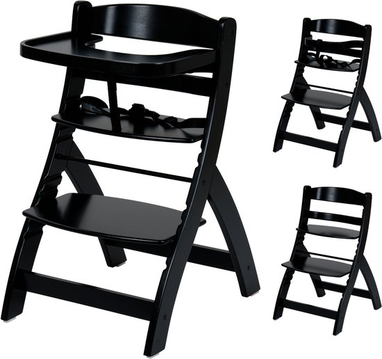 Born Lucky Kinderstoel Hout In Hoogte Verstelbaar & Met Eetblad - Vanaf 6 Maanden tot Max. 70 kg - Zwart van Merkloos