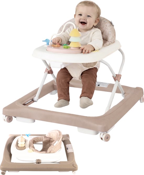 Born Lucky Loopstoel / Baby Walker – Makkelijk in te klappen – In hoogte verstelbaar – Met afneembare speelset - Soft Taupe