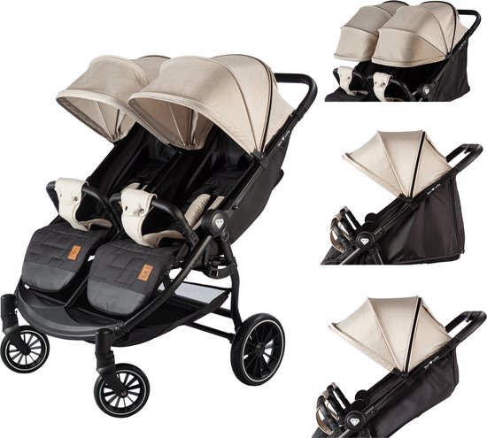 Born Lucky Ranger Duo Buggy Kinderwagen Tweeling Buggy Inklapbaar Lichtgewicht Dubbele Buggy Met Verstelbare Rugleuning en Zwenkwielen – Beige van Merkloos