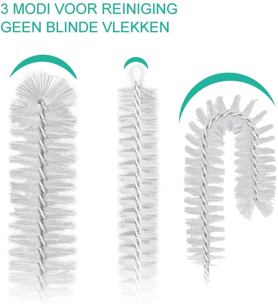 Borstels 13-delig, 21 cm Nylonborstel, Mini RVS Borstel, voor Flessen, Rietjes, Babyflessen, Bekers, Buizen, Koffiemachines - Wit