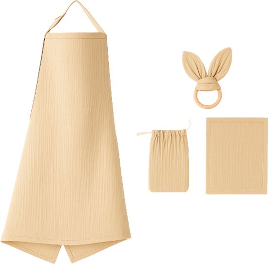 Borstvoedingsdoek Set 4-delig – Voedingsdoek - Hydrofiele Doek - Bijtring & Opbergzakje – Zacht Katoen – Beige