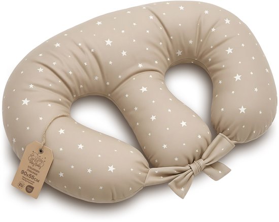 Borstvoedingskussen Tweeling Voedingskussen Baby - 90x50 cm - Ergonomisch Positioneringskussen Materniteit Multifunctioneel Ondersteuning Zacht Afneembare Hoes Oeko-Tex Beige met witte sterren