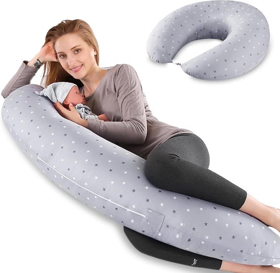 Borstvoedingskussen XXL 170 cm - Zwangerschapskussen met 100% katoenen overtrek - Steunkussen voor zwangerschap en zijslaap - Grijs zwangerschapskussen hoes xxl van Koala Babycare