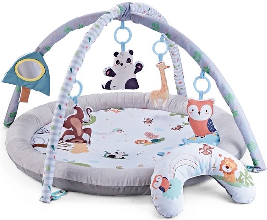 BOTC Babygym met Speelboog – Babyspeelmat 88x88 cm – Zacht Speelkleed met Hangend Speelgoed – Baby Gym 0-18 Maanden – Dierenthema