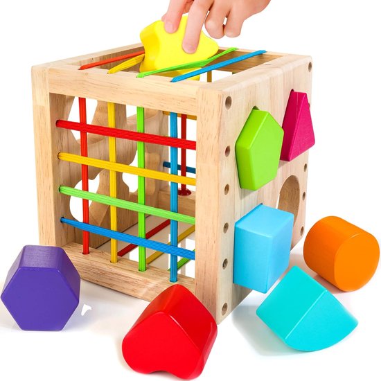 BOTC Houten Vormenstoof - Montessori Sorteerkubus met 8 Rammelende Vormen - Sensorisch Speelgoed voor Kinderen vanaf 1 Jaar - Kleurrijk