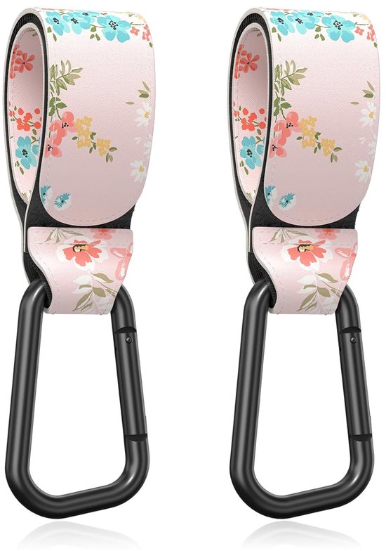 BOTC Kinderwagen tassenhaakjes - Leer - Haakjes voor tassen - Set van 2 - Leather - Extra stevig - Buggy haakjes - Roze bloem van Merkloos