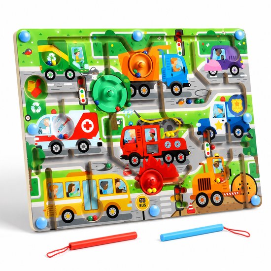 BOTC Magnetisch Doolhof - Houten Montessori Puzzel met Magnetische Pen - Kleuren & Cijfers Leren - Motoriek Speelgoed vanaf 3 Jaar - Auto’s & Verkeer van BOTC
