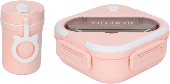 Box met 3 Compartimenten voor Kinderen, Volwassenen, Alles-in-één Lunchbox met Beker, Eetstokjes en Lepel, Magnetronbestendig, Lekvrij Lunchcontainer, voor Studenten (Roze)