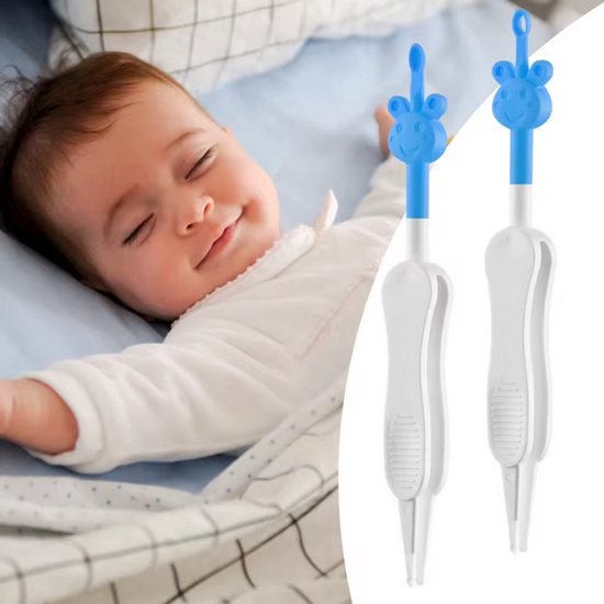 BPA-vrije 2-in-1 Baby Verzorgings pincet Set – Snotjes verwijderaar - Oorsmeer verwijderaar - Neus & Oren – 2 Stuks – Wit/Blauw met Giraffe Design van Merkloos