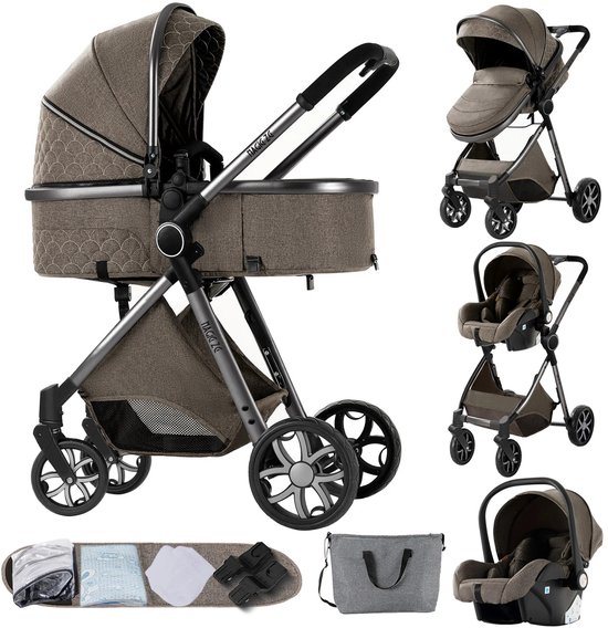 Brandistry - 3 in 1 kinderwagen - Kinderwagen - Maxi Cosi - Wandelwagen - Lichtgewicht - Incl. Regenhoes - Chocoladebruin