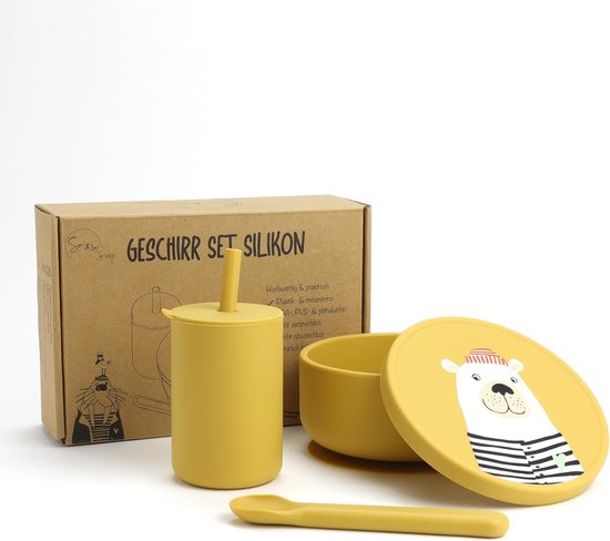 Breekvrij Siliconen Kinderservies Set met Antislip Zuignap, Kom, Beker en Lepel van Merkloos