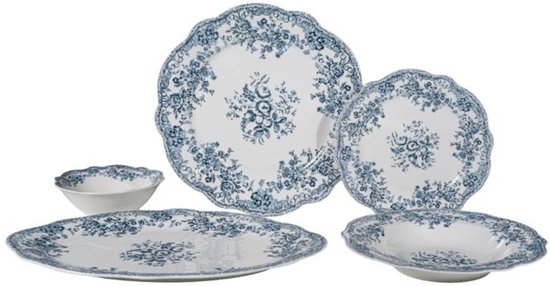 Bricard Fleury - Vintage Serviesset - 25-delig - 6-Persoons - Blauw/Wit - Dinner Set - Porselein