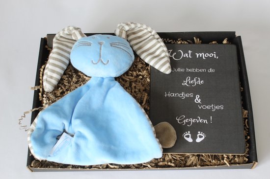 Brievenbus cadeau knuffelkonijn blauw - kraam cadeau jongen - tutknuffel - tekstbord van Funnies.