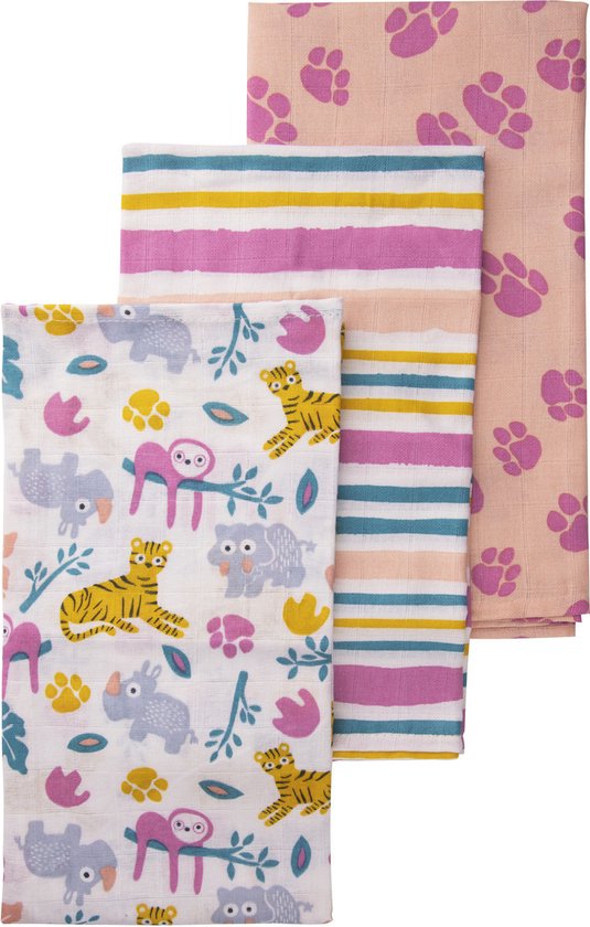 Briljant Baby Hydrofiel Luier - Hydrofiele Doeken - Jungle Dusk - 70x70 cm - 3 Stuks - Pink van Briljant