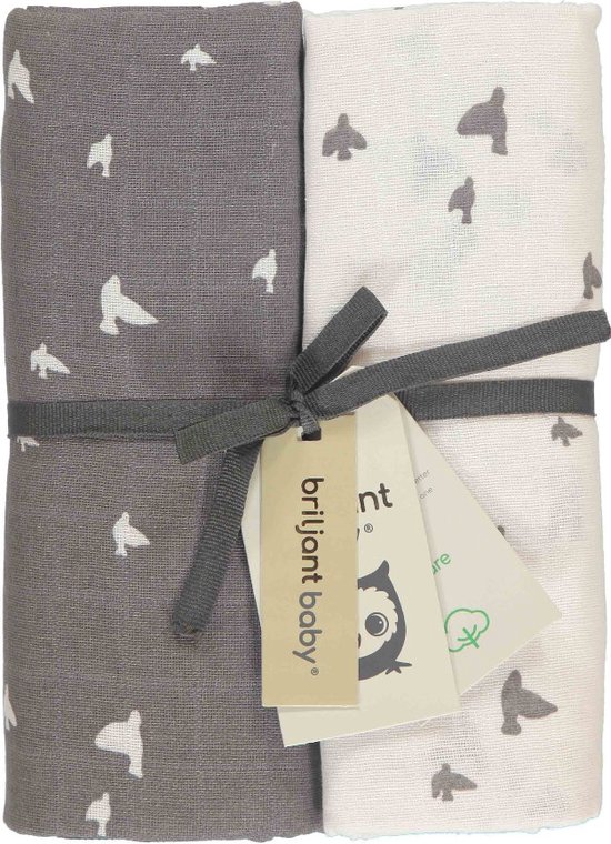 Briljant Baby Hydrofiel Multidoek XL Birds - Swaddle - Inbakerdoek - Antraciet - 120x120 - 2 Stuks - Organic van Briljant