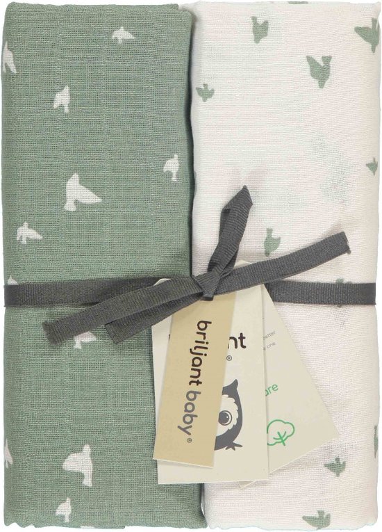 Briljant Baby Hydrofiel Multidoek XL Birds - Swaddle - Inbakerdoek - Groen - 120x120 - 2 Stuks - Organic van Merkloos