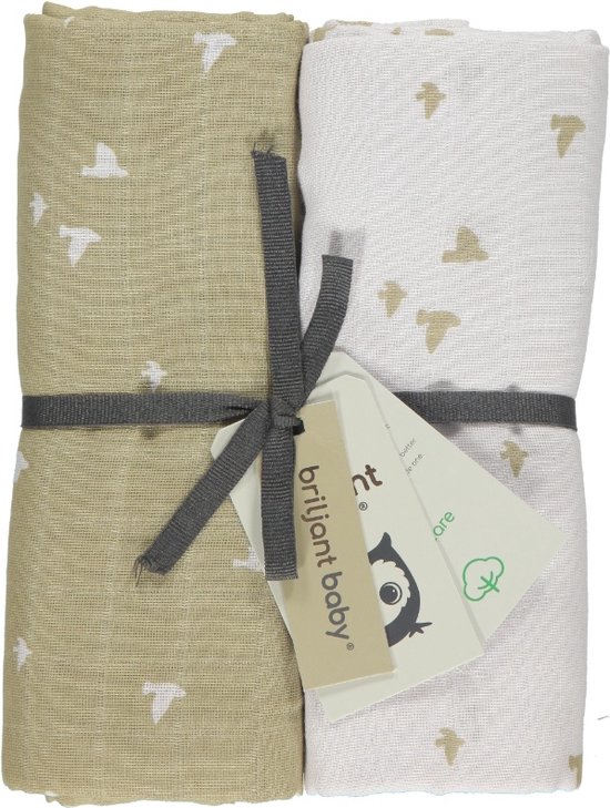 Briljant Baby Hydrofiel Multidoek XL Birds - Swaddle - Inbakerdoek - Zand - 120x120 - 2 stuks - Organic van Briljant