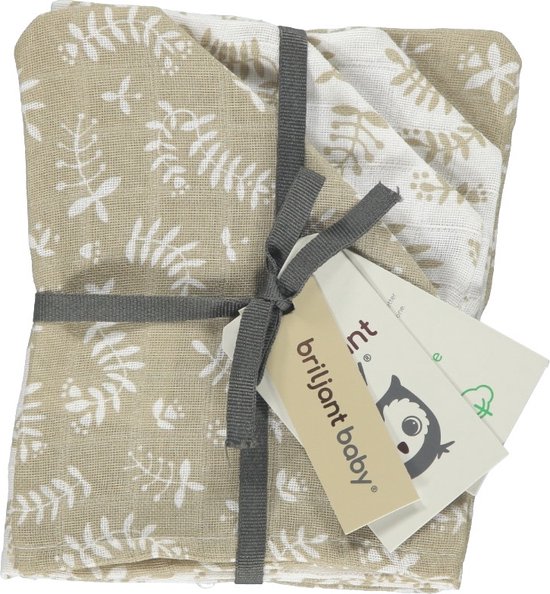 Briljant Baby - Hydrofiel Washandjes Botanic - Zand - organic - 4 Stuks van Briljant