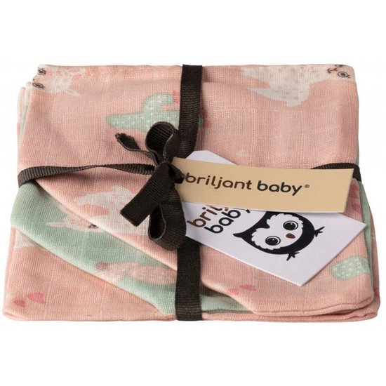 Briljant Baby - Hydrofiel washandjes - Design Lama - set van 3 stuks 17 x 20 cm - Roze van Briljant