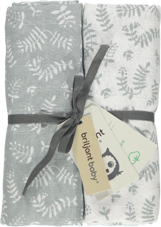 Briljant Baby Inbakerdoek Swaddle Hydrofiel 120 x 120 - Botanic - Grijs - 2 Stuks van Briljant
