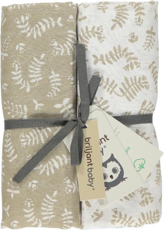 Briljant Baby Inbakerdoek Swaddle Hydrofiel 120 x 120 - Botanic - Zand - 2 Stuks van Briljant