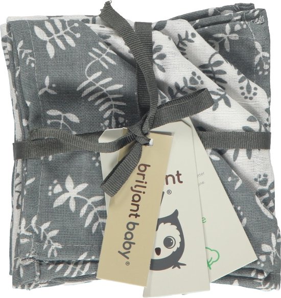 Briljant Baby - Monddoek Botanic Organic - Blauw Grijsl - 4-Pack - 30 x 30 cm - 100% organisch katoen van Briljant