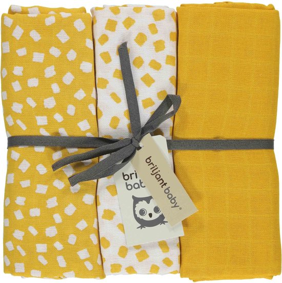 Briljant Baby Multidoek Hydrofiel XL Flocks - Swaddle - Inbakerdoek - 120x120 - 3 Stuks - Geel van Briljant