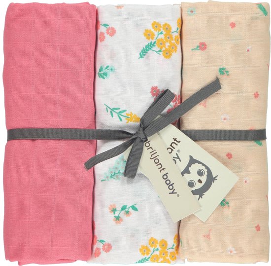 Briljant Baby Multidoek Hydrofiel XL Flower - Swaddle - Inbakerdoek - 120 x 120 - Roze - 3 Stuks van Merkloos