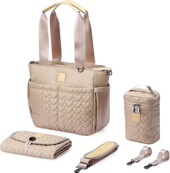 Brisby Florence Slijtvaste Luiertas - Schoudertas - Verzorgingstas - incl. Koeltas, Verschoonmatje & Kinderwagenhaken - Nylon - Champagne van Brisby