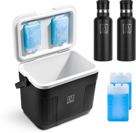 Brisby Koelbox - Frigobox - 22L - Zwart - Tot maximaal 40 uur isolatie - Incl. 4 dikke koelelementen van 450ml - Met koelelementen vergrendeld in deksel en Brisby 500ml Zwarte Dubbelwandige Thermosfles van Brisby