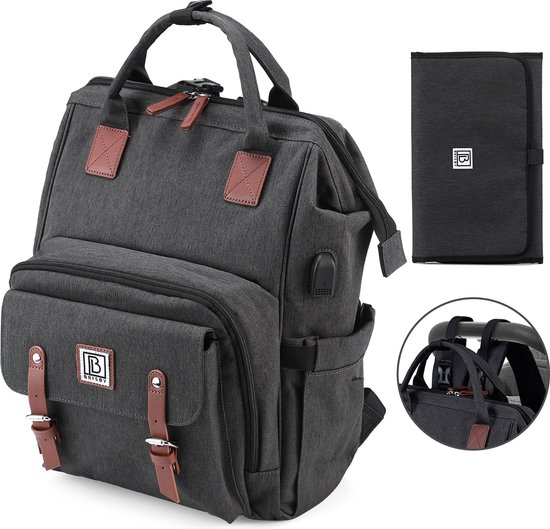 Brisby overzichtelijke luiertas – verzorgingstas – met buggymontage en stay-open frame - gratis verschoonmatje - USB oplaadfunctie - geïsoleerde flessen vakjes - donkergrijs van Brisby