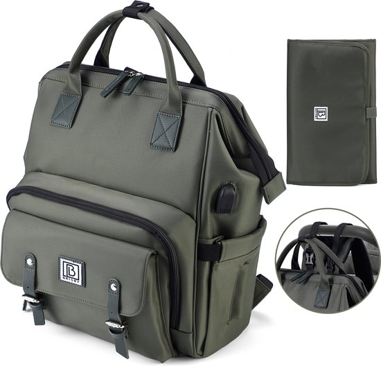 Brisby overzichtelijke luiertas – verzorgingstas – met buggymontage en stay-open frame - gratis verschoonmatje - USB oplaadfunctie - geïsoleerde flessen vakjes - groen van Brisby