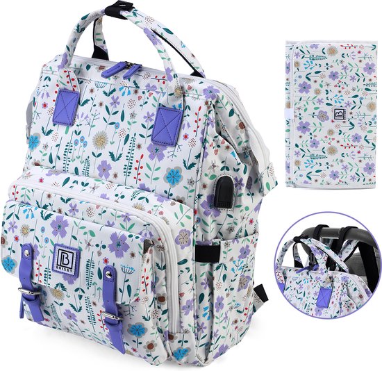 Brisby overzichtelijke luiertas – verzorgingstas – met buggymontage en stay-open frame - gratis verschoonmatje - USB oplaadfunctie - geïsoleerde flessen vakjes - purple flower van Brisby