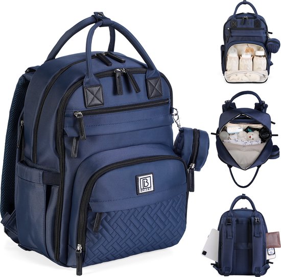 Brisby Premium Luiertas – Uitgebreide en Functionele Verzorgingstas – met buggymontage – Anti Diefstal Vakken - Reistrolley Sleeve - inclusief verschoonmatje t.w.v.15,99 euro en speenhouder - Levenslange Garantie - Blauw van Brisby