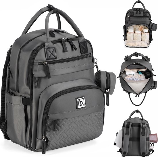 Brisby Premium Luiertas – Uitgebreide en Functionele Verzorgingstas – met buggymontage – Anti Diefstal Vakken - Reistrolley Sleeve - inclusief verschoonmatje t.w.v.15,99 euro en speenhouder - Levenslange Garantie - Donkergrijs van Brisby