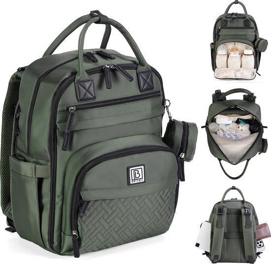 Brisby Premium Luiertas – Uitgebreide en Functionele Verzorgingstas – met buggymontage – Anti Diefstal Vakken - Reistrolley Sleeve - Inclusief verschoonmatje t.w.v.15,99 euro en speenhouder - Levenslange Garantie - Groen