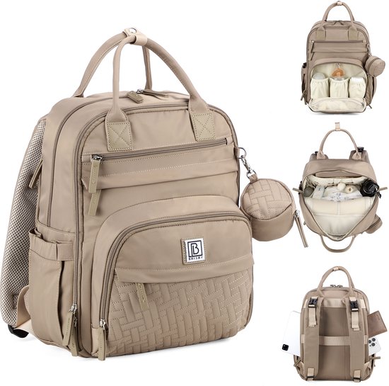 Brisby Premium Luiertas – Uitgebreide en Functionele Verzorgingstas – met buggymontage – Anti Diefstal Vakken - Reistrolley Sleeve - Inclusief verschoonmatje t.w.v.15,99 euro en speenhouder - Levenslange Garantie - Natural Greige
